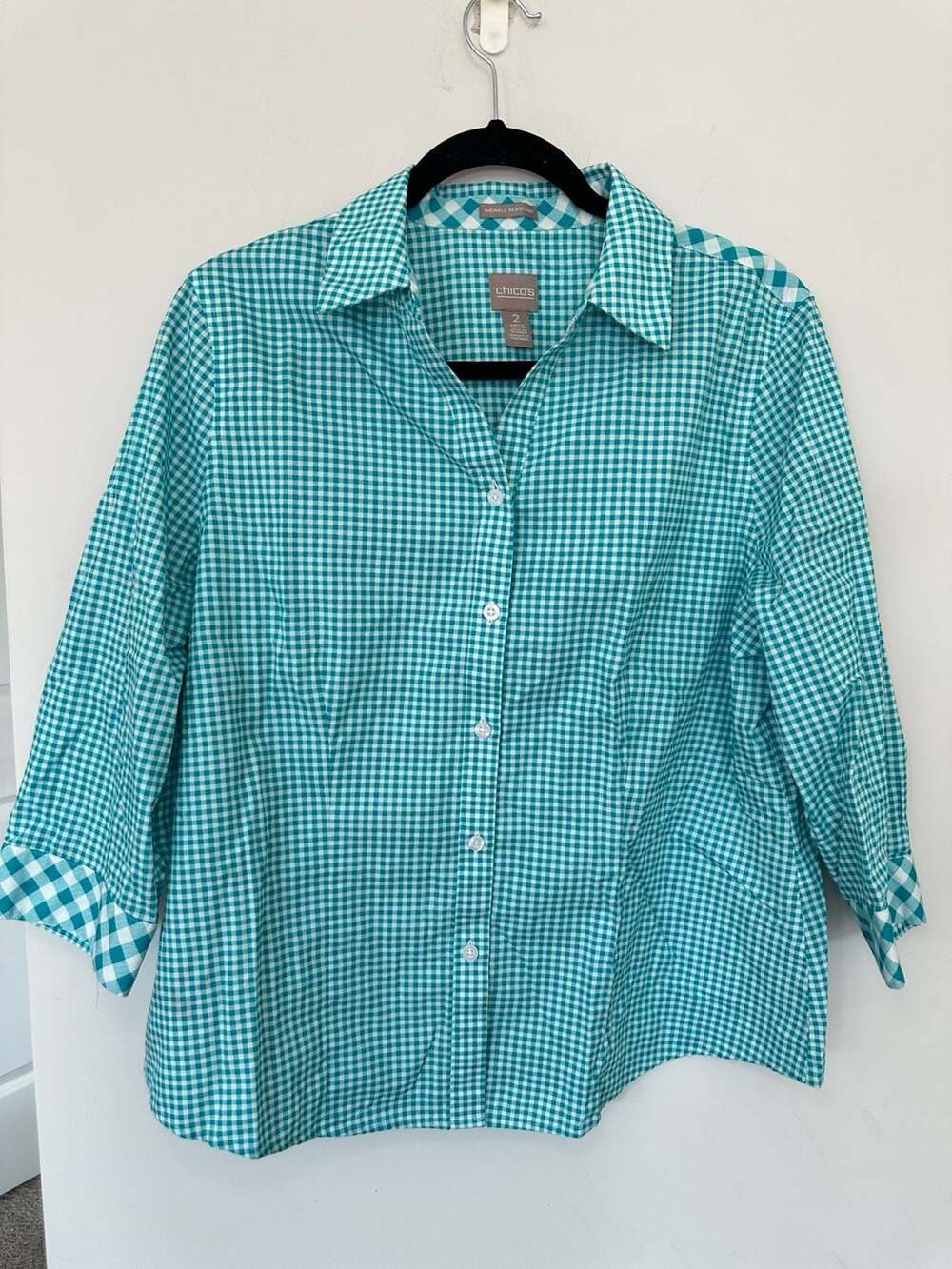 100% Cotton Chico's Gingham Plaid Wrinkle Resistant 3/4 Sleeve Button Down Shirt